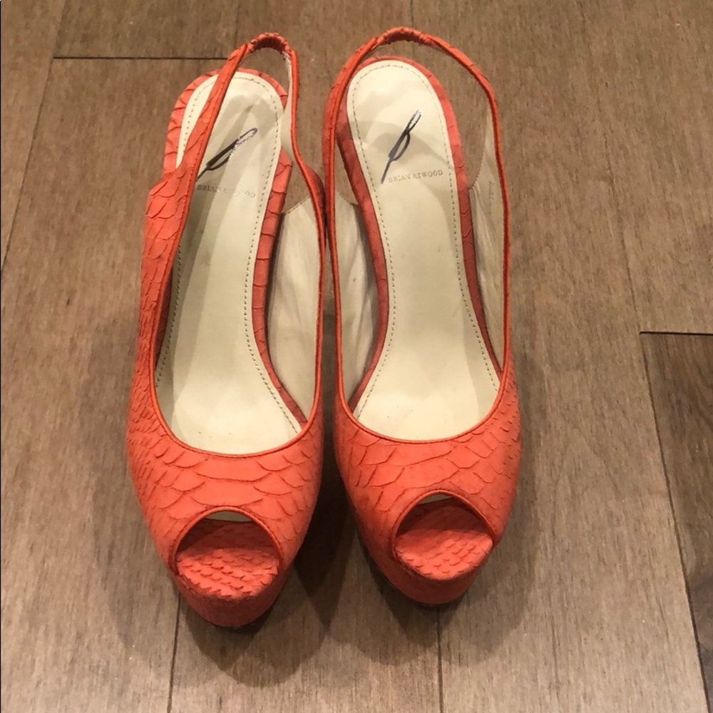 Brian Atwood suede coral alligator peep toe heel